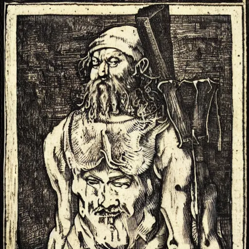 Image similar to albrecht durer woodcut portrait of a tattooed warrior celt man on a field