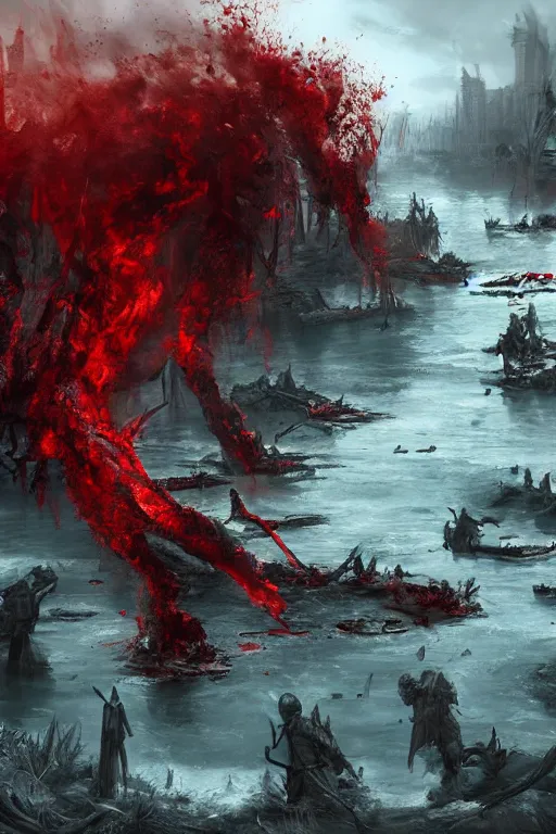 Prompt: bloody river in hell, trending on artstation