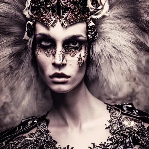 Image similar to a portrait of female model by stefan geselle and nekro borja, photorealistic, intricate details, hyper realistic, dark fantasy, ornate headpiece, dark beauty, photorealistic, canon r 3, photography, wide shot, photography, dark beauty, symmetrical features, wide angle shot, whole body, full body shot, 3 / 4 shot