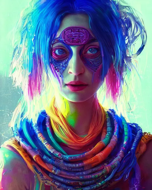 Prompt: colorful character portrait of a female hippie, set in the future 2 1 5 0 | highly detailed face | very intricate | symmetrical | cinematic lighting | award - winning | painted by mandy jurgens | pan futurism, dystopian, bold colors, cyberpunk, groovy vibe, anime aesthestic | featured on artstation