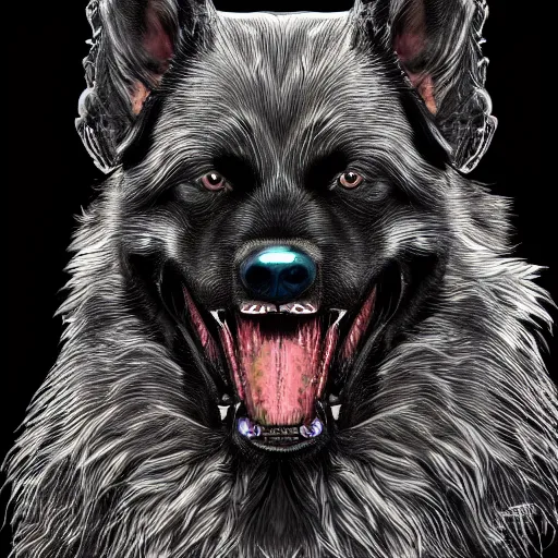 Image similar to venom dog version, ultra realistic, highly detailed, photorealism, scary, intricate detail, high res, textures, extremes, dark, twisted, black, wiry, superhero, antihero, powerful, teeth, licking tongue, dog, hair, german shepard trending on artstation