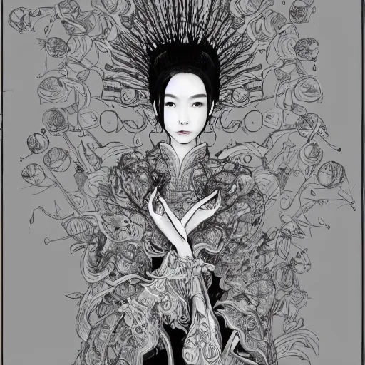 Image similar to the face of an incredibly beautiful, graceful, elegant, and sophisticated young chinese model dressed as a bulb of garlic, an ultrafine detailed illustration by james jean, intricate linework, bright colors, final fantasy, behance contest winner, vanitas, angular, altermodern, unreal engine 5 highly rendered, global illumination, radiant light, detailed and intricate environment