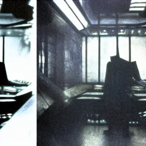 Prompt: 1 9 8 2 film stills of blade runner's deckard on his computer, upscaling a photo. his futuristic room is dark and atmospheric, touches of frank lloyd wright and syd mead,.