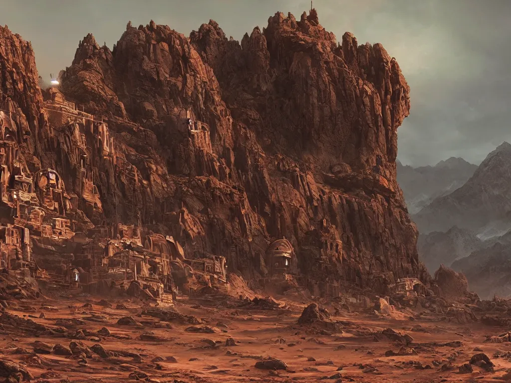 Image similar to Dharamshala!!! on Mars!!!!!, exterior wide shot, volumetric, epic, cinematic, highly detailed, intricate, by Raphael Lacoste, Eddie Mendoza, Alex Ross, Pilar Gogar, matte painting, 8K HDR