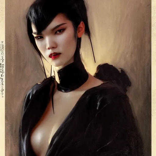 Image similar to detailed cinematic wide shot of beautiful attractive tao okamoto asian vampire woman wearing black bath robe slim face symettrical face clean skin black eyes black robe smooth, sharp focus, ultra realistic, spring light, painting by gaston bussiere, craig mullins, j. c. leyendecker