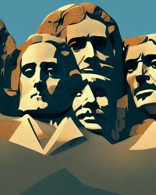 Prompt: painting of mount rushmore but with alan watts, epictetus and henry david thoreau, 3d render senior artist, photorealistic, textured, featured on artstation