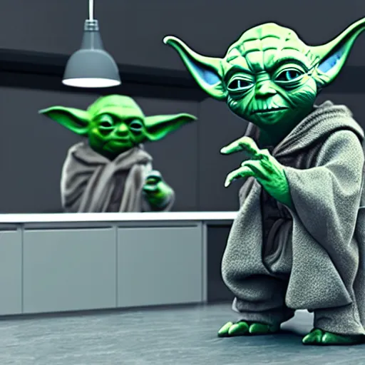 Image similar to yoda at the barbershop, highly detailed, unreal render, 4k hdr