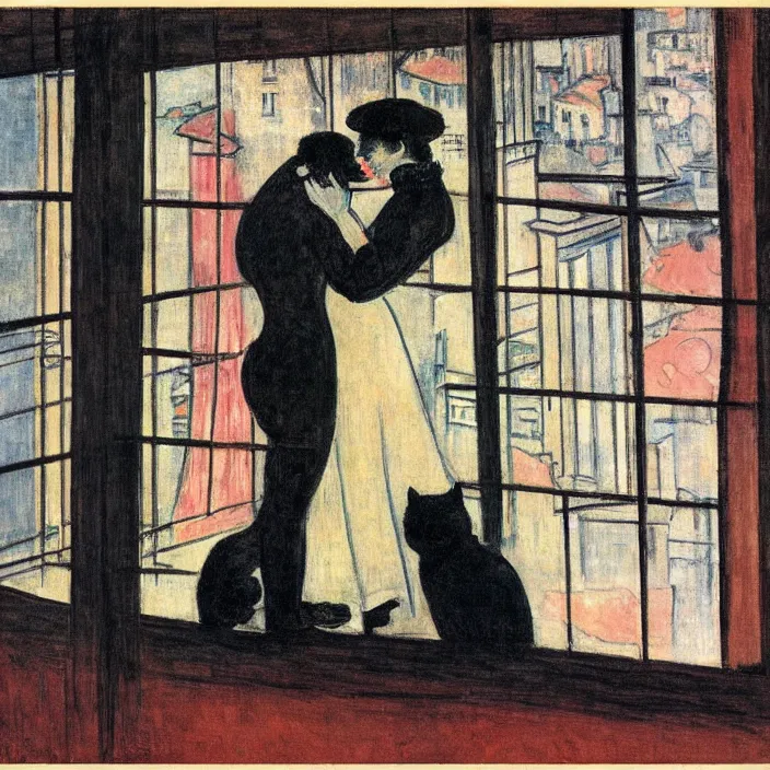 Image similar to couple under a baldachin with city seen from a window frame. fuzzy black cat. henri de toulouse - lautrec, utamaro, matisse, monet, rene magritte