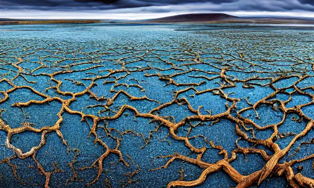 Image similar to panorama of big raindrops floating above a dried up river in a desolate land, dead trees, blue sky, hot and sunny highly-detailed, elegant, dramatic lighting, artstation, 4k, cinematic landscape, photograph by Elisabeth Gadd