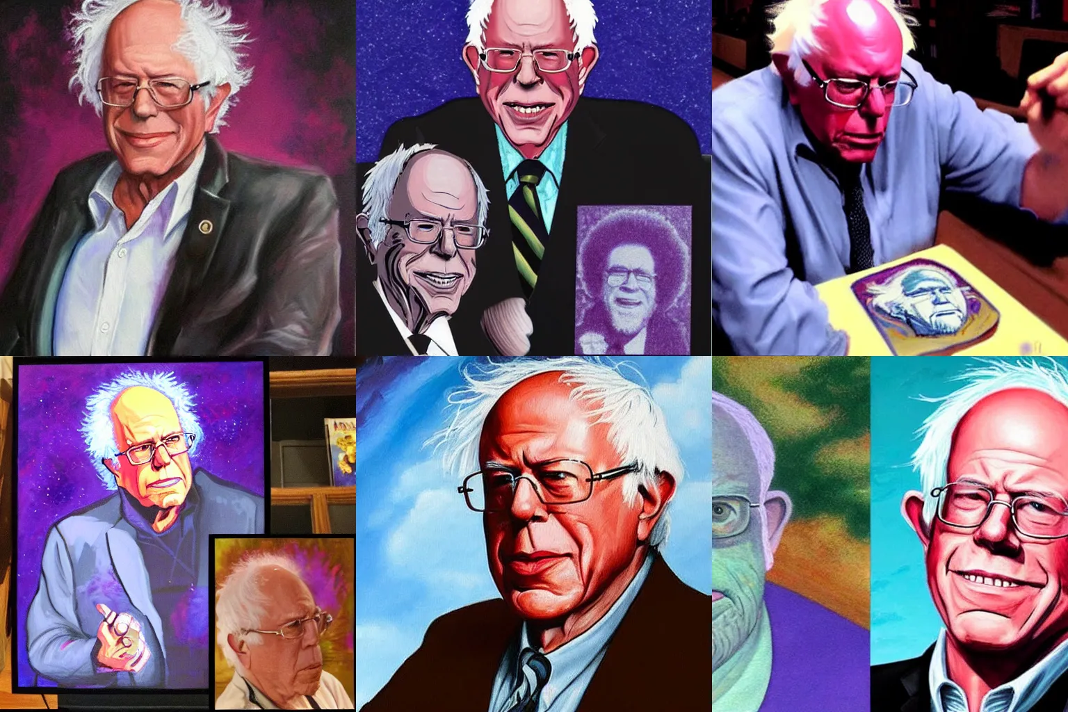 Prompt: Bernie Sanders as Thanos painted by Bob Ross, wonderful, amazing