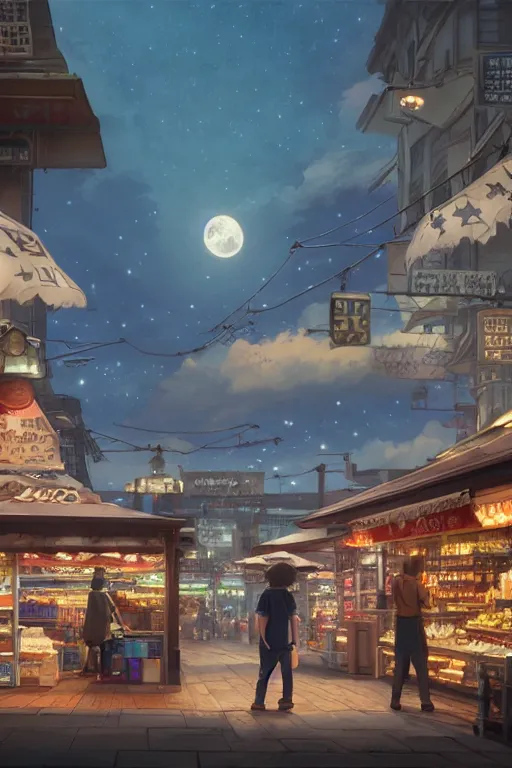 Prompt: a highly detailed matte painting of a single market stall with a sign under the moon and stars by studio ghibli, makoto shinkai, by artgerm, by wlop, by greg rutkowski, volumetric lighting, octane render, 4 k resolution, trending on artstation, masterpiece