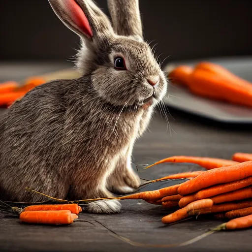 Image similar to hasidic rabbit sitting on pile of carrots intricate detail, finely detailed, small details, extra detail, photorealistic, high resolution, vray, hdr, hyper detailed, insane details, intricate, elite, ornate, elegant, luxury, dramatic lighting, octane render, weta digital, micro details, 3 d sculpture