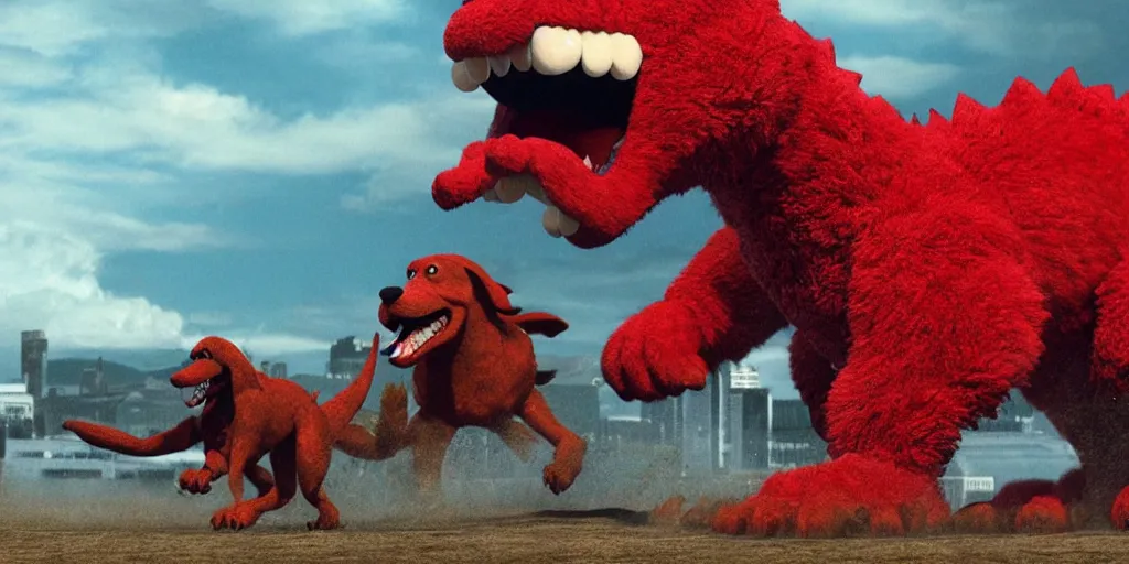 Prompt: clifford the big red dog fighting godzilla