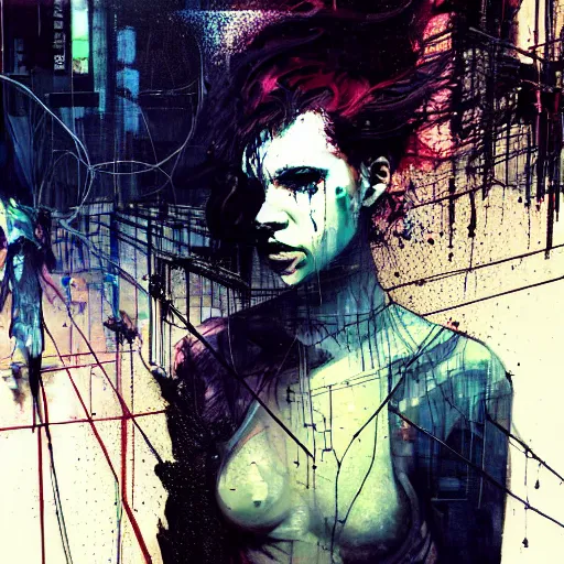 Image similar to a young punk woman lost in a cyberpunk noir glitchcore world of wires, and machines, by jeremy mann, francis bacon and agnes cecile, and dave mckean ink drips, paint smears, digital glitches glitchart