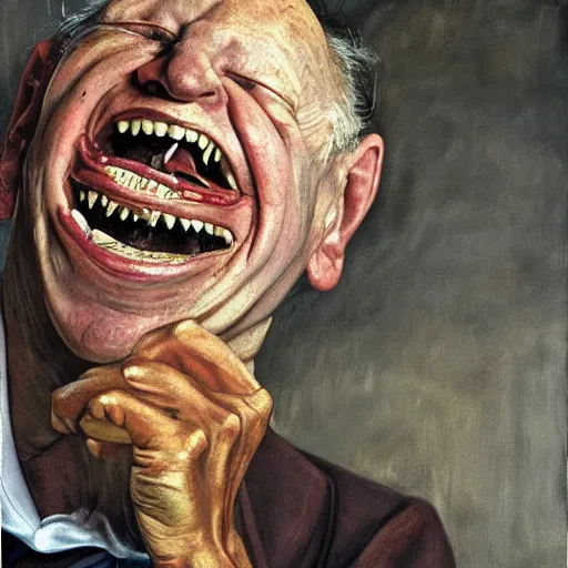 Image similar to high quality high detail painting by lucian freud, hd, a laughing monster, photorealistic lighting
