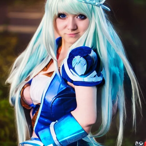 Image similar to photograph of a girl cosplaying Crystal Maiden from Dota 2, HD, award winning photography, uploaded on Facebook, highly detailed, Dota2!!!!! ice!!!