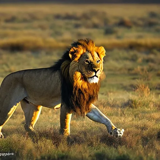 Image similar to lion hunting national geographic animal photography, action shot, 4 k, award winning, photo of the year