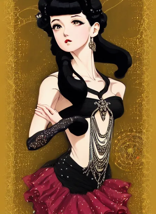 Image similar to a beautiful dancer with black hair in 1920's fashion, ballroom background, intricate, highly detailed, digital painting, artstation, official media, anime key visual, concept art, rich vivid colors, ambient lighting, sharp focus, illustration, art by Artgerm, Makoto Shinkai, Ilya Kuvshinov, Lois Van Baarle, and Rossdraws