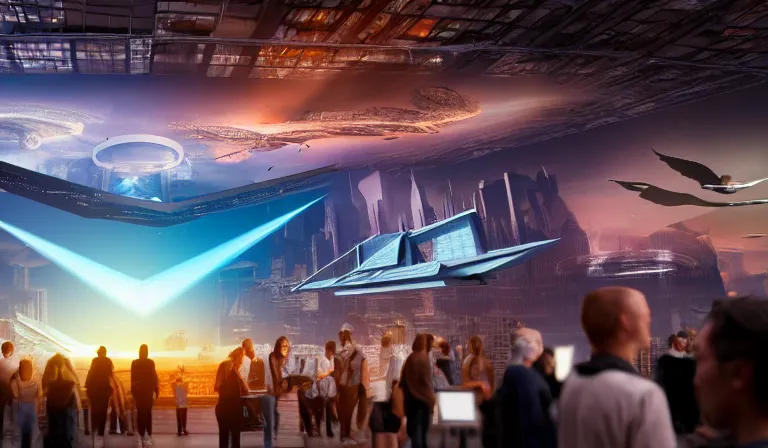 Image similar to crowd of people in large open museum, looking at hologram of futuristic city on a table, cinematic concept art, godrays, golden hour, natural sunlight, 4 k, clear details, tabletop model buildings, center model buildings, hologram center, crane shot, crane shot, crane shot