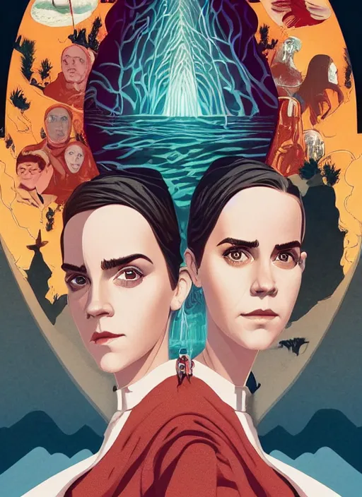 Image similar to poster artwork by Michael Whelan and Tomer Hanuka, Karol Bak of Emma Watson nun and Kiernan Shipka scientist, team up, science vs religion, from scene from Twin Peaks, clean