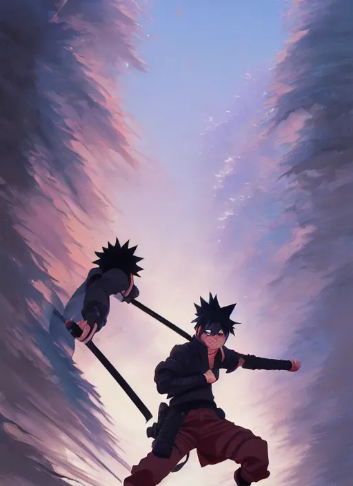 Prompt: highly detailed katana wielding naruto uzumaki with black hair, fighting with polish policeman art by greg rutkowski, loish, rhads, ferdinand knab, makoto shinkai and lois van baarle, ilya kuvshinov, rossdraws, tom bagshaw, global illumination, radiant light, detailed and intricate environment