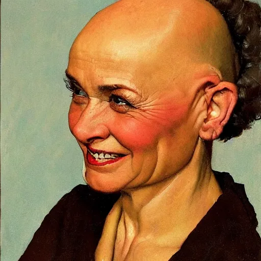 Prompt: Frontal portrait of a happy bald woman with horns. Painting by Norman Rockwell.