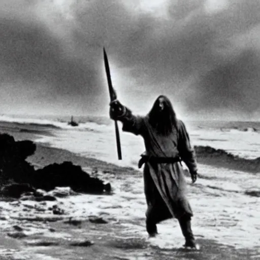 Image similar to film still of Gandalf storming Normandy beach, still from Saving Private Ryan