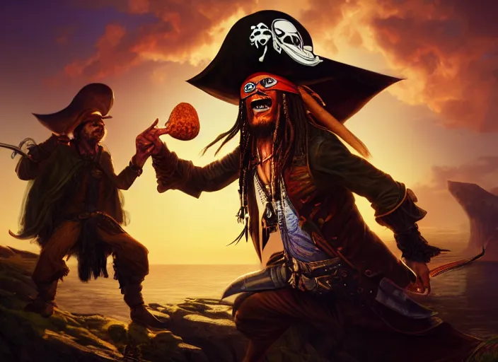 Image similar to a cool looking pirate eating magic mushroom, golden hour, fantasy, sharp focus, digital art, hyper realistic, 4 k, unreal engine, highly detailed, hd, dramatic lighting by brom, trending on artstation