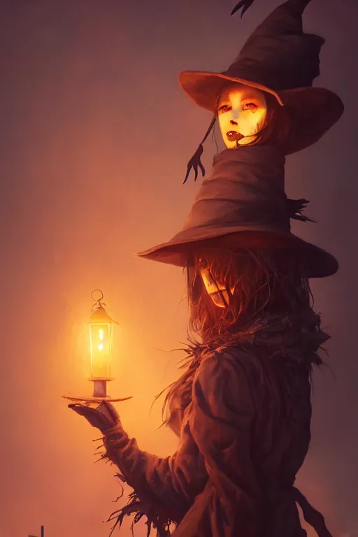 Image similar to portrait of a haunted scarecrow, crow on shoulder, holding a lantern, halloween night, charlie bowater, artgerm, ilya kuvshinov, krenz cushart, ruan jia, realism, ultra detailed, 8 k resolution