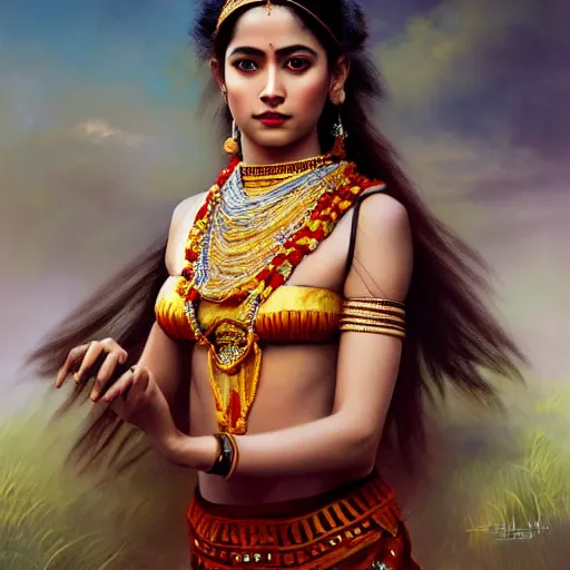 Image similar to beautiful young sita wearing bihu mekhela costume ; portrait by artgerm and tom bagshaw ; trending on artstation ; award winning, cinematic natural dramatic lighting, studio photography by annie leibovitz