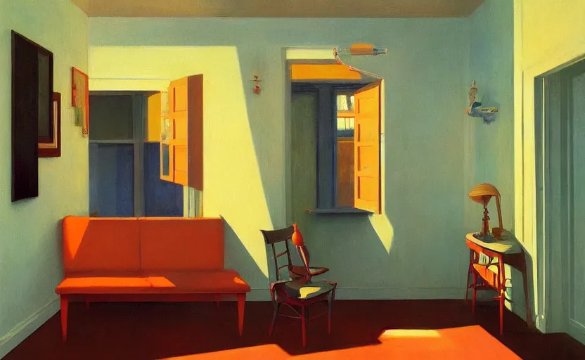 Image similar to Inside a lo-fi apartment, very coherent, painted by Edward Hopper, Wayne Barlowe, painted by James Gilleard, airbrush, art by James Jean