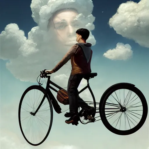 Prompt: A warm atmosphere fancy portrait of a happy man flying in the sky on his bicycle in the clouds, perfect expression, Ross Tran, Greg Rutkowski, Maciej Kuciara, 8k photorealistic, volumetric lighting, dramatic, trending on artstation