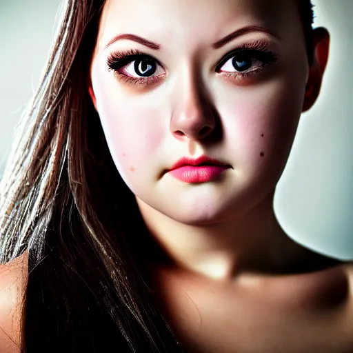 Prompt: photo portrait of cute woman staring into camera, realism, extreme detail, key art, ring light, flash, photo by greg rutkoski, photoshoot