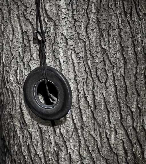 Prompt: sad rubber tire hanging from a tree from a noose