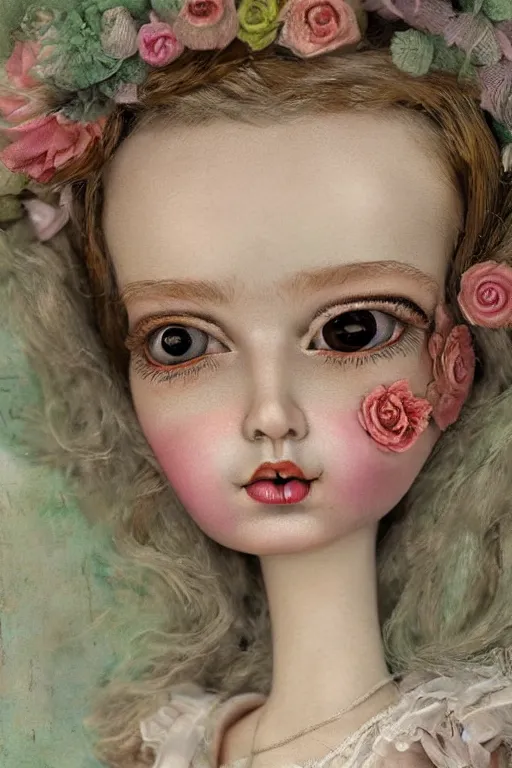 Prompt: Digital art Lowbrow pop Surrealistic, beautiful and detailed dolls by Cicely Mary Barker, Very detailed realistic eyes. Trending on artstation, hyperrealism, high quality print, fine art with subtle redshift rendering