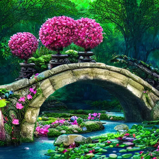 Image similar to an elaborate whimsical garden of hibiscus flowers growing over a stone bridge over a brook, hyperdetailed photograph, soft lighting, volumetric lighting, 4k
