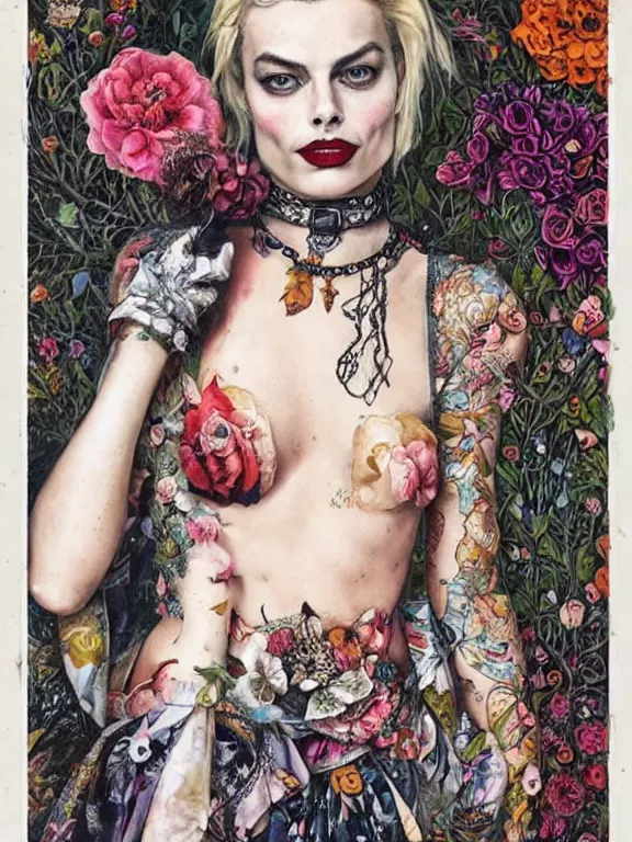 Image similar to a punk portrait of margot robbie harley quinn between embellished pattern and huge flower bushes,by tom bagshaw,marie spartali Stillman,Ekaterina Belinskaya,William Morris,Oleg Turchin,trending on pinterest,dark fantasy,maximalist,glittering,feminine