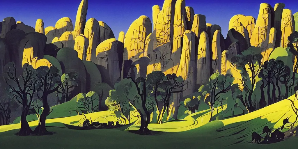 Image similar to medieval landscape, gouache, animated film, stylised, illustration, by eyvind earle, scott wills, genndy tartakovski, syd mead