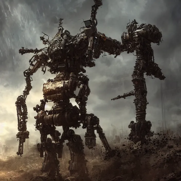 Image similar to human standing next to mech - warrior, hyper - detailed, octane render, sharp focus, 4 k ultra hd, fantasy dark art, apocalyptic art