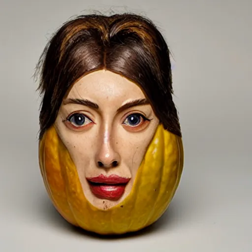 Image similar to gourd with face of amber heard hybrid intercross mix as a gourd