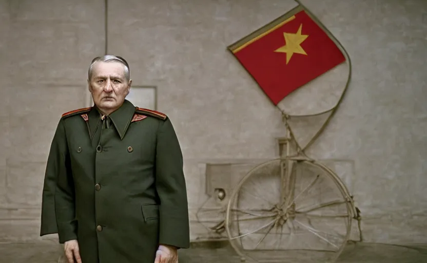 Image similar to 50s movie still close-up portrait of an elder soviet general standing in an empty giant stalinist style museum, by David Bailey, Cinestill 800t 50mm eastmancolor, heavy grainy picture, very detailed, high quality, 4k, HD criterion, precise texture and facial expression