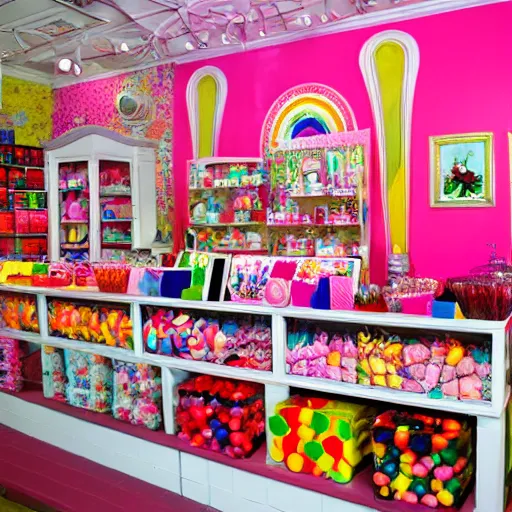 Prompt: a vibrant candy store in the style of mark ryden - n 9