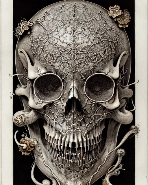 Image similar to art forms of nature by ernst haeckel, memento mori by arthur rackham, ornate antique porcelain beautiful skull mask, ultrasharp, photorealistic, hyperdetailed, octane render, polished, art nouveau, neo - gothic, gothic, intricate ornamental organic filigree, art nouveau botanicals, art forms of nature by ernst haeckel, horizontal symmetry, symbolist, visionary