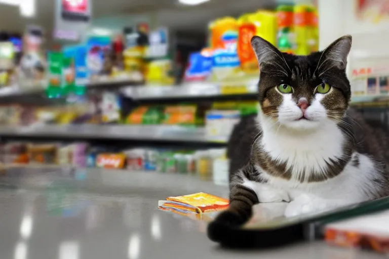 Image similar to cat on the counter in 7 - eleven next to a pack of cigarettes wide angle lens