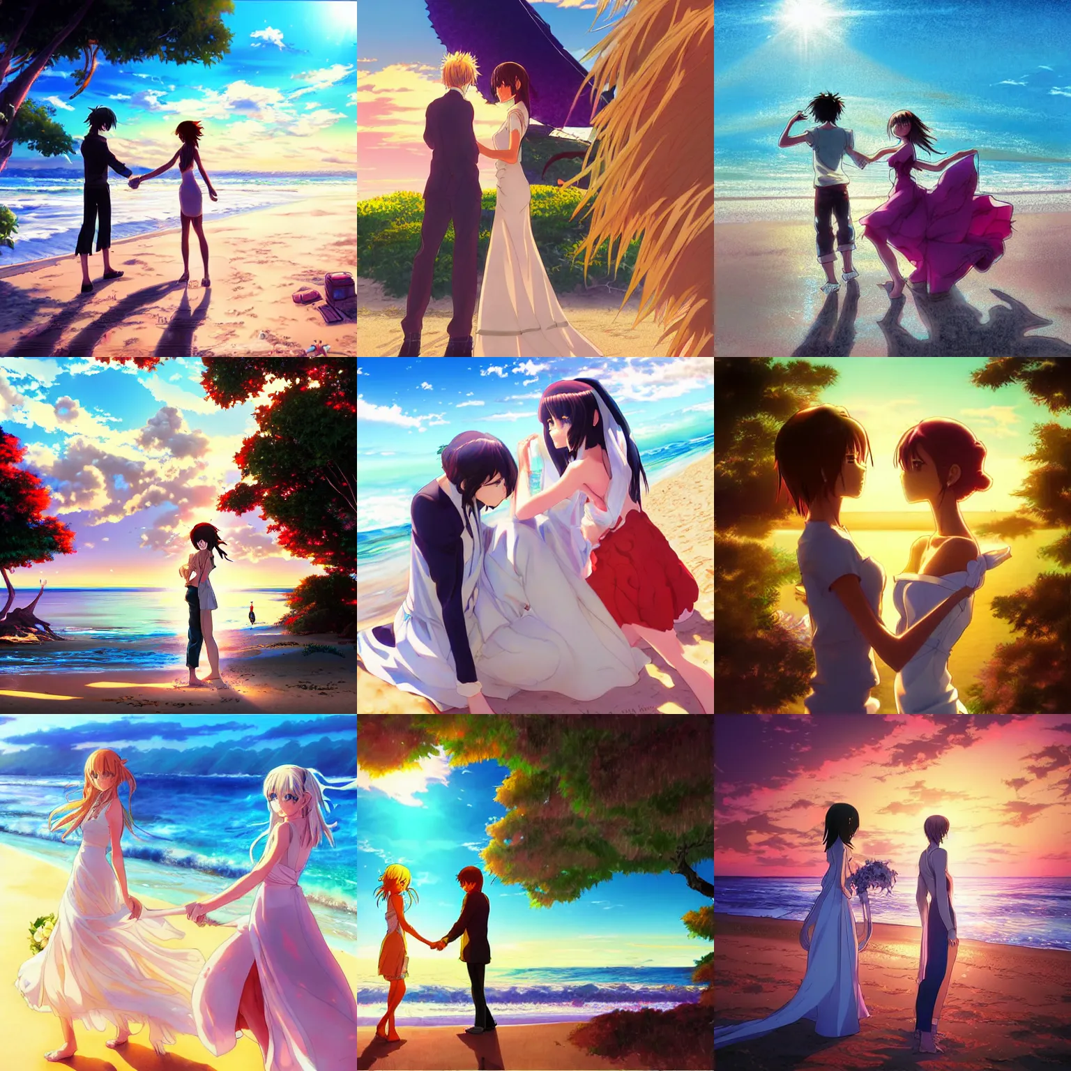 Prompt: anime style, vivid, expressive, full body, 4 k, two women getting married on the beach, stunning, realistic light and shadow effects, centered, simple background, studio ghibly makoto shinkai yuji yamaguchi artgerm