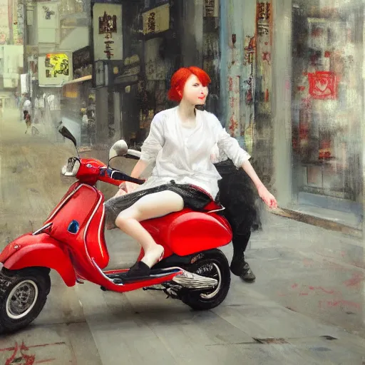 Prompt: the redhead vespa queen in hong kong, oil on canvas by ruan jia