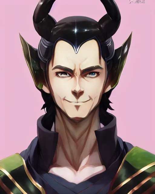 Image similar to anime portrait of Loki as an anime man by Stanley Artgerm Lau, WLOP, Rossdraws, James Jean, Andrei Riabovitchev, Marc Simonetti, and Sakimichan, trending on artstation