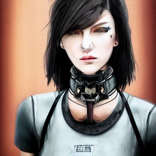 Image similar to detailed realistic female character cyberpunk wearing thick steel collar around neck, realistic, art, beautiful, 4K, collar, choker, collar around neck, punk, artstation, detailed, female, woman, choker, cyberpunk, neon, punk, collar, choker, collar around neck, thick collar, choker around neck, wearing choker, wearing collar, face, detailed face, neon makeup,