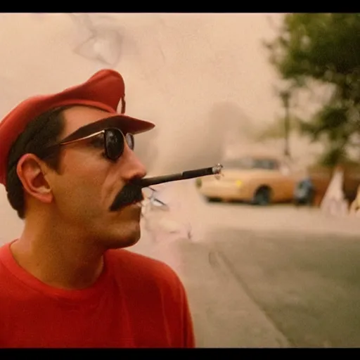 Image similar to Mario smoking a cigarette in a spooky Harmony Korine film aesthetic!!!