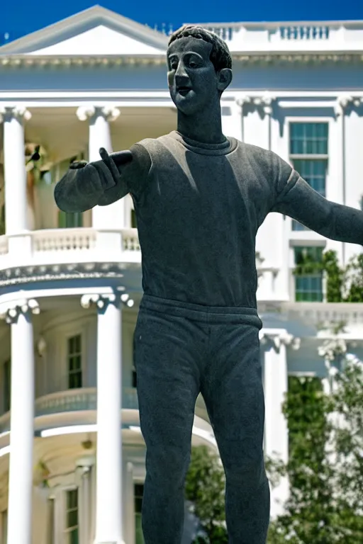 Prompt: A beautiful stone statue of Mark Zuckerberg in front of the White House, photo by Steve McCurry, heroic pose, detailed, smooth, smiling, professional photographer, wearing vr headset,